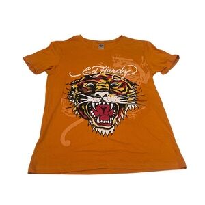 Ed‎ Hardy Kids T Shirt Tiger Print Orange Color 100 Cotton  Size 14/16 NWT